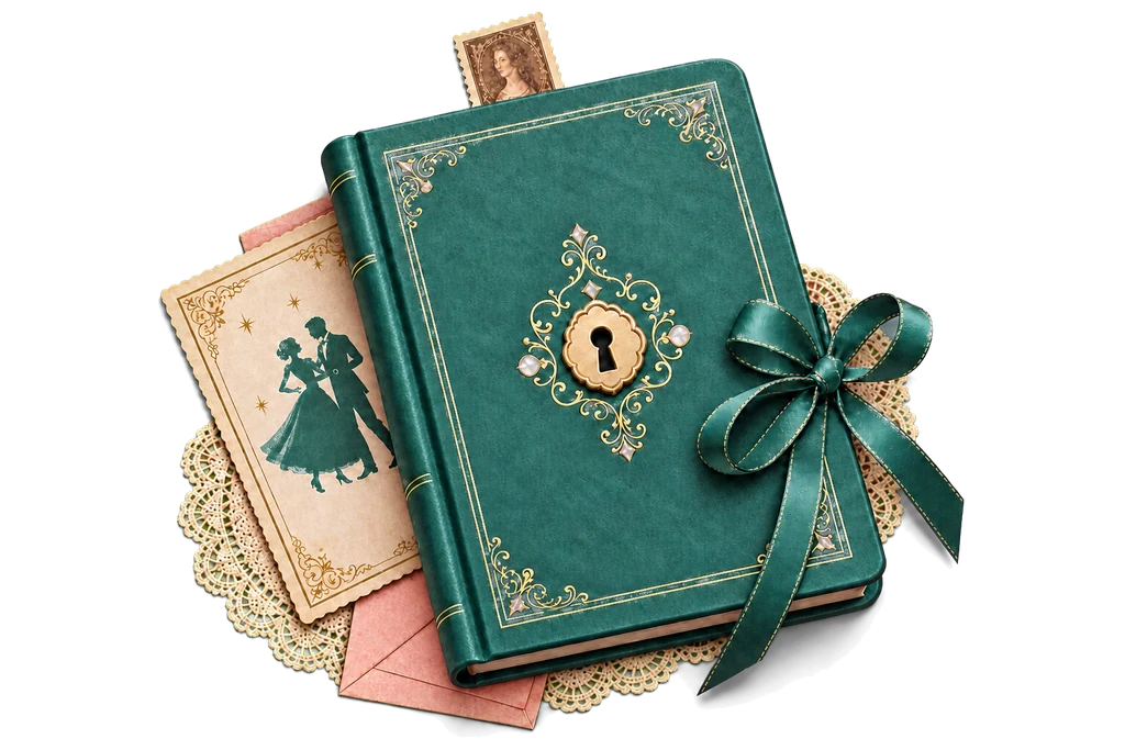 Carnet verde de Tinderella con una sombra natural sobre el fondo fucsia, papeles antiguos y encaje